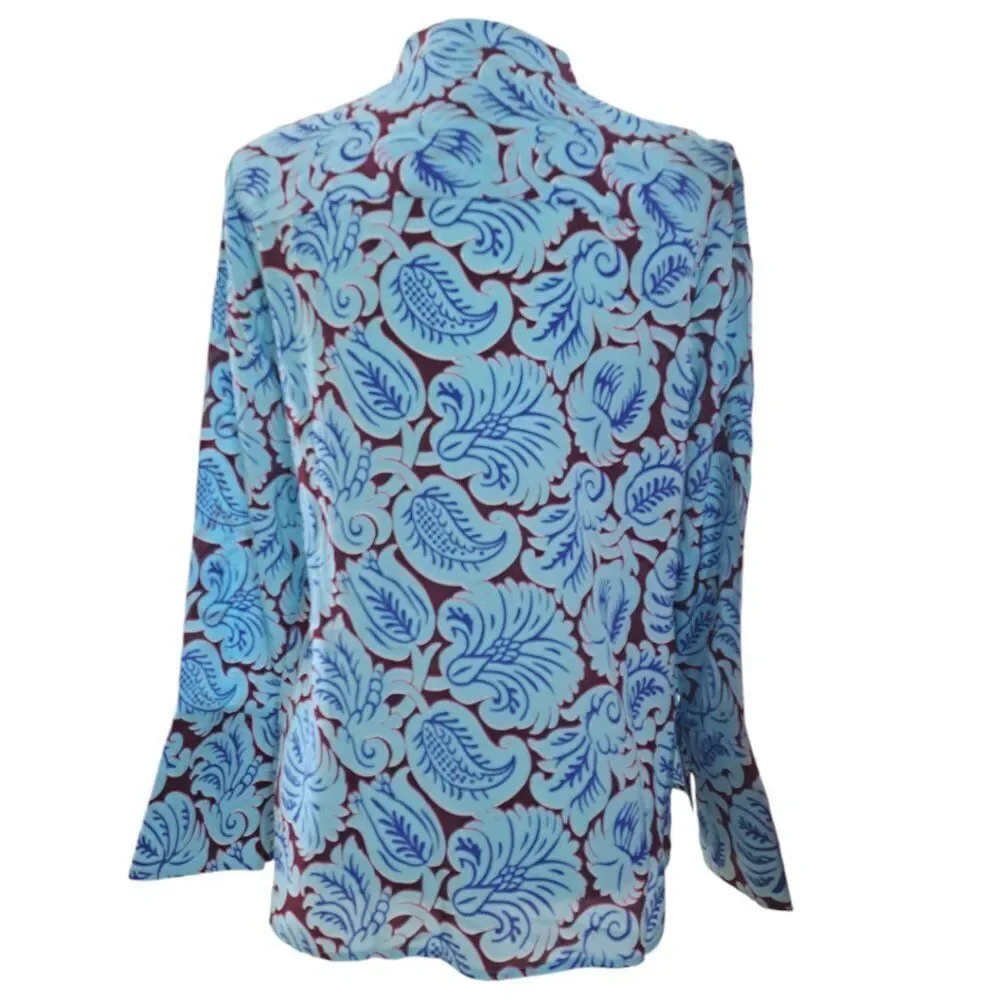 J.Crew Women's Printed Blue Silk Long Sleeves Tunic Top Side Slit Sz Small